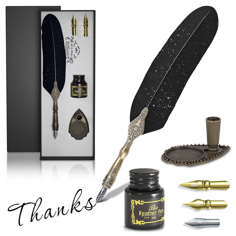 Kotko Vintage Feather Quill Pen and Ink Set – Black Feather Pen and Ink Set with Stainless Steel Nib & Stand for Calligraphy Beginners, Authors & Writers – Unique Gift & Vintage Decor for Home & Office - Image 1